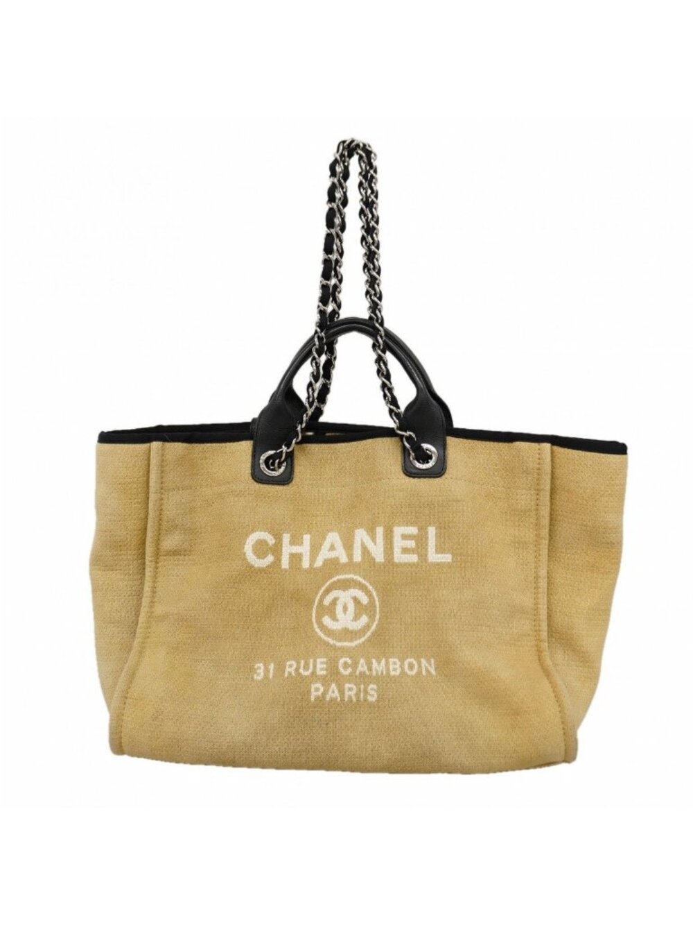 Chanel Chain Tote Deauville Canvas Beige Silver